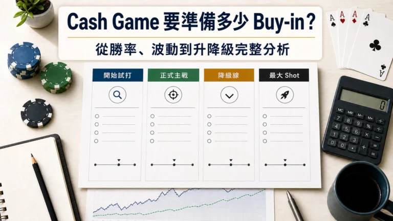Cash Game Bankroll 資金管理示意圖,呈現 Buy-in 區間、勝率、波動與升降級線。