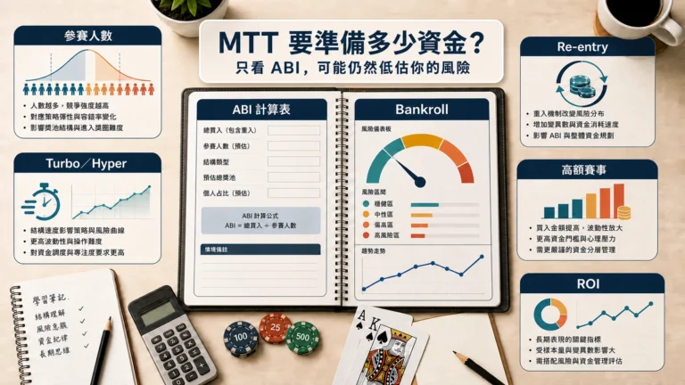 MTT Bankroll 資金管理示意圖,呈現 ABI 計算表、Bankroll 儀表板與五項賽事風險因素。