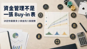 撲克資金管理分析圖，以資金曲線、風險分布、計算器與八個分析節點呈現決定 Bankroll 深度的多項變數。