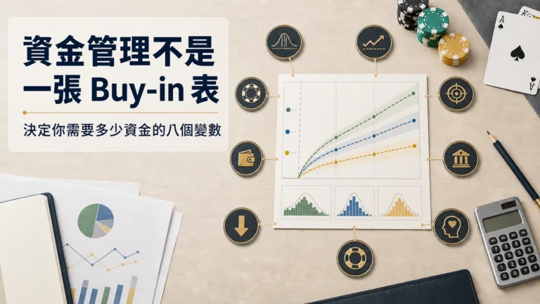 撲克資金管理分析圖,以資金曲線、風險分布、計算器與八個分析節點呈現決定 Bankroll 深度的多項變數。