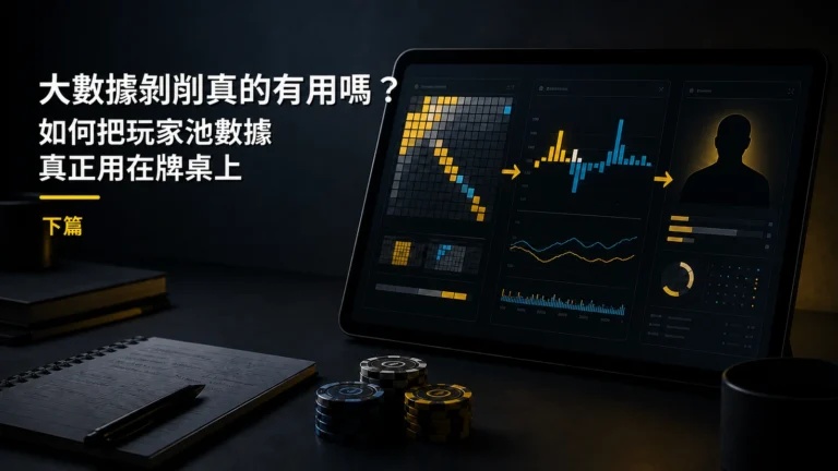 深色撲克研究桌上顯示 GTO 基準、玩家池傾向與對手資訊的策略分析畫面